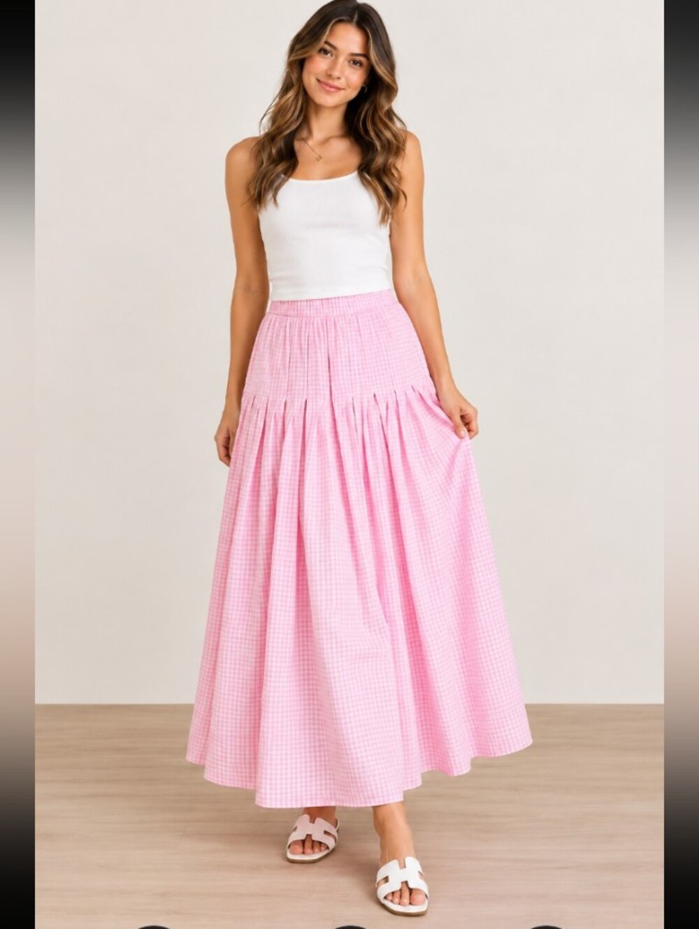 Mable Pink Women Gingham Skirt Pleaded Detail Size S